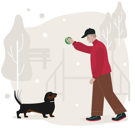 A man plays ball with a dachshund dog in a city parkのイラスト素材