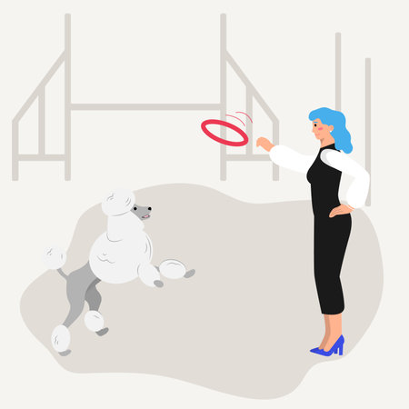 A lady with blue hair is training a poodle with a ringのイラスト素材
