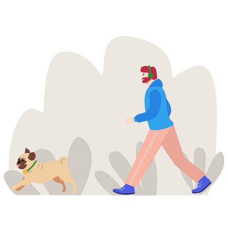 Man walking with her dog. Vector illustration in a flat style.のイラスト素材