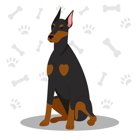 Doberman dog sitting on the floor with paw print. vector illustration.のイラスト素材