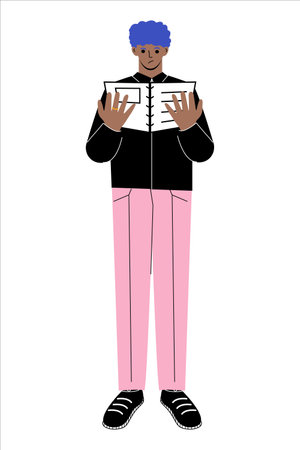<p>Office man studies work material from documents in his hands</p>のイラスト素材