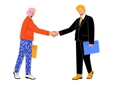 <p>Two people in the office shaking hands</p>のイラスト素材