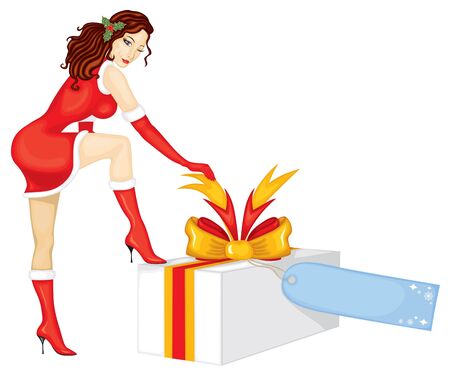 A beautiful lady in a red dress with a white brush set foot on the box with a gift and unties the tapeのイラスト素材