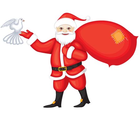 Santa Claus carries a bag with gifts and holding in his hand a white birdのイラスト素材