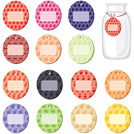 Colorful labels with a fruity background for labeling cans of fruit and berry jamのイラスト素材