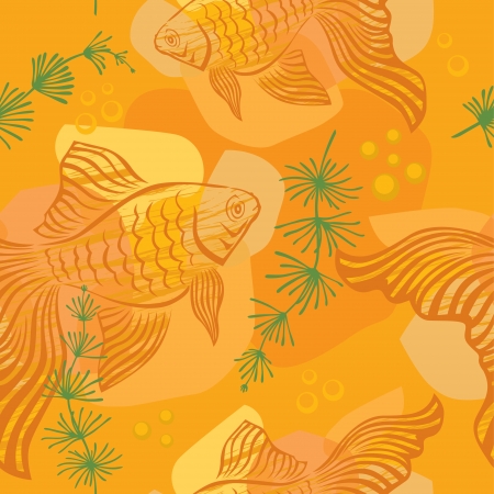 Seamless pattern with gold fish, algae and bubblesのイラスト素材