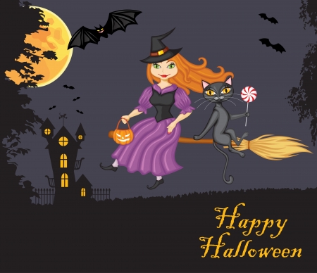 Witch and a cat flying on a broom against the night sky, the terrible home and vampiresのイラスト素材