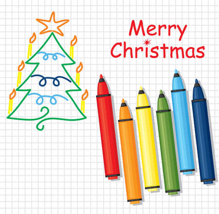 Painted tree with Christmas greetings and colored markersのイラスト素材