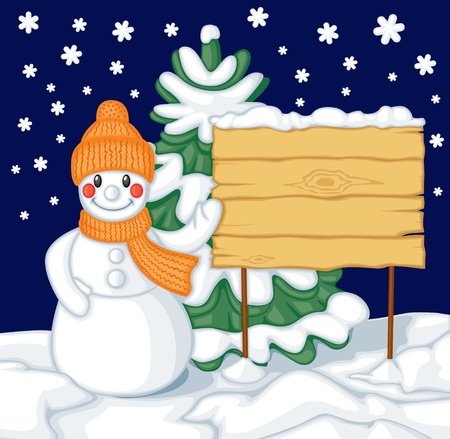 Cute cartoon smiling snowman with hat and scarf and billboard against the background of firのイラスト素材