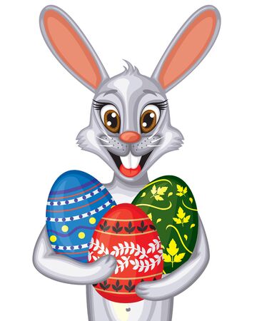 Cute cartoon Easter bunny portrait with Easter eggs and snowdropのイラスト素材
