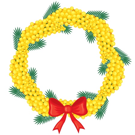 Wreath of flowering branches of mimosa with a red bowのイラスト素材