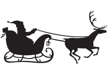 Silhouette of Santa Claus riding a sleigh pulled by reindeer, and carries a sack of giftsのイラスト素材