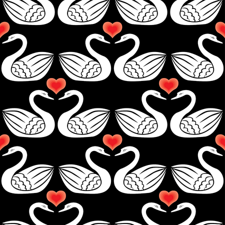 Seamless pattern with pairs swan and hearts on black backgroundのイラスト素材