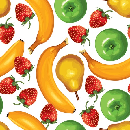 Seamless pattern of ripe bananas, pears, strawberries and green apples on white backgroundのイラスト素材