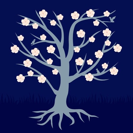 Tree with flowers on sky night backgroundのイラスト素材