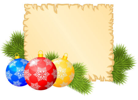 Christmas congratulations background with old paper sheet, multicolored balls and fir branchesのイラスト素材