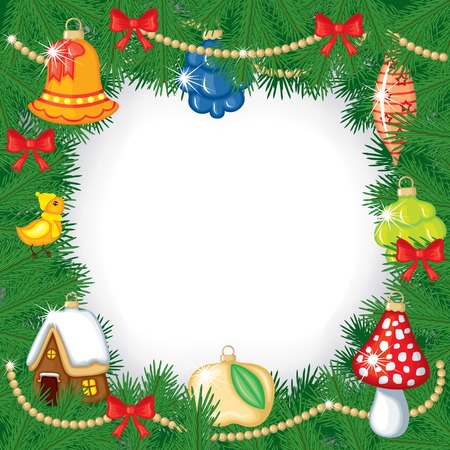 Christmas congratulations frame with fir branches and baublesのイラスト素材