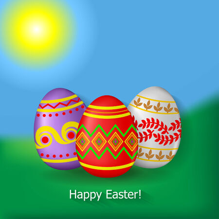 Easter greeting card with decorative eggs on background grass, sky and sunのイラスト素材
