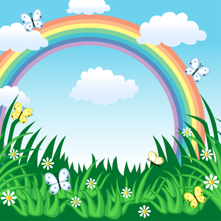 Summer background with rainbow, grass, sky and butterflyのイラスト素材