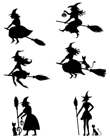 Set of silhouette black-and-white image of Halloween witchesのイラスト素材