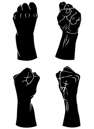 Vector illustrations of silhouettes set of hands with fingers folded into a fist in different posesのイラスト素材