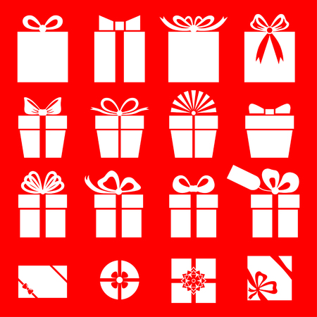 Vector illustrations of  set silhouette of white gift icon on red backgroundのイラスト素材