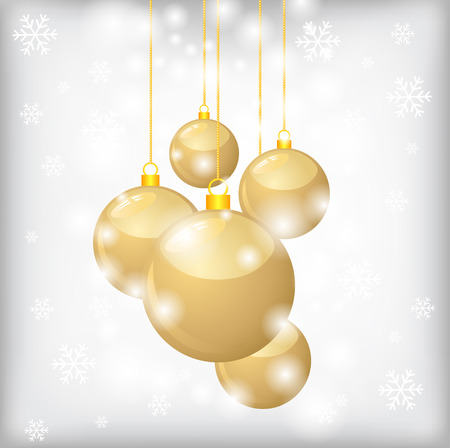 Vector illustrations of Christmas greeting card with golden balls and snowflakes on grey backgroundのイラスト素材