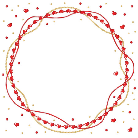 Vector illustrations of Valentine day greeting round frame of red and gold beads garlands and beads in form heartのイラスト素材