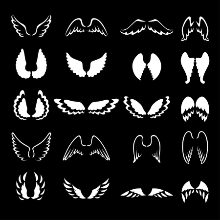 Vector illustrations of  set of white contour and silhouette different wings on black backgroundのイラスト素材
