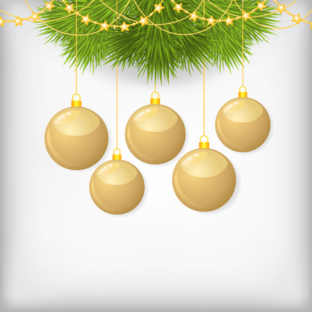 Vector illustrations of Christmas greeting card with fir branch decorated gold balls and gold beadsのイラスト素材