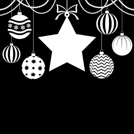 Vector illustrations of  Christmas greeting card with hanging balls and a star in the center on black backgroundのイラスト素材