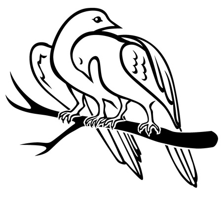 Vector illustrations of contour of pair birds sitting on a branch and hugsのイラスト素材
