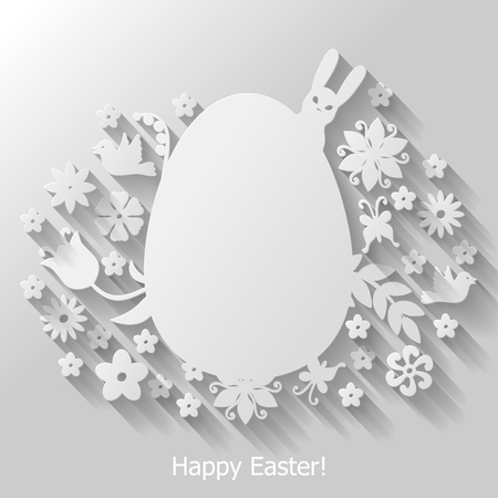 Vector illustrations of flat Easter background with egg decorated flowers, rabbit and birdsのイラスト素材