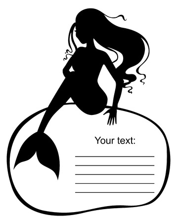 Vector illustrations of frame for greeting text in the form of stone on which sits a mermaid with beautiful curly hairのイラスト素材