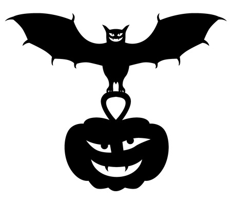 Vector illustrations of Halloween silhouette vampire holding in the paws of a pumpkinのイラスト素材