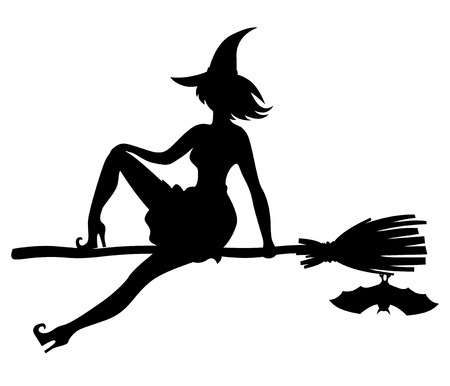 Vector illustrations of silhouette witch flying on broomstick and batのイラスト素材