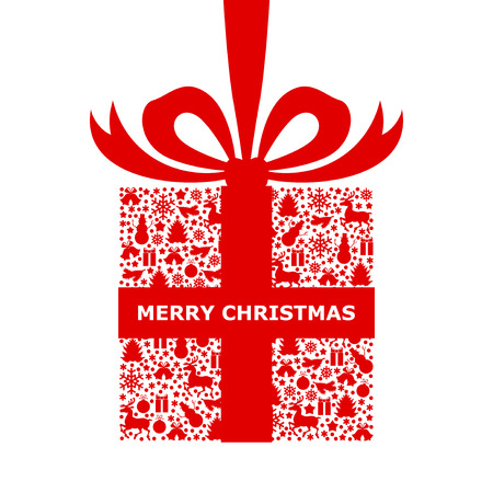 Vector illustrations of Christmas card with patterned gift decorated bow isolatedのイラスト素材