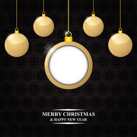 Vector illustrations of Christmas congratulatory card with hanging gold balls on decorative dark backgroundのイラスト素材