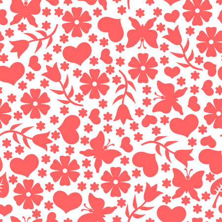 Vector illustrations of Valentines day pattern seamless with hearts, flowers and butterflyのイラスト素材