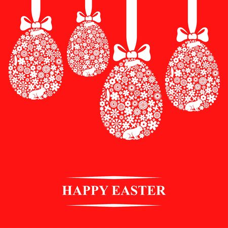 Vector illustrations of greeting Easter card with hanging decorative eggs on red backgroundのイラスト素材