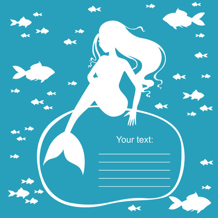 Vector illustrations of frame with mermaid sitting on a rock on blue backgroundのイラスト素材