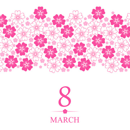 Vector illustrations of 8 March card decorated pink flowers horizontal ornamentのイラスト素材