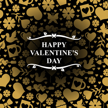 Vector illustrations of Valentines day card with gold valentines element on black backgroundのイラスト素材