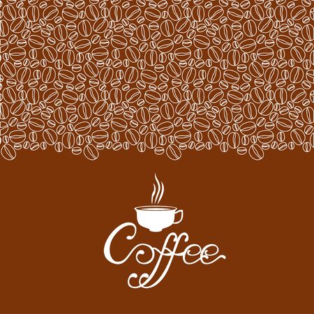 Vector illustrations of card with contour coffee beans ornament on brown backgroundのイラスト素材