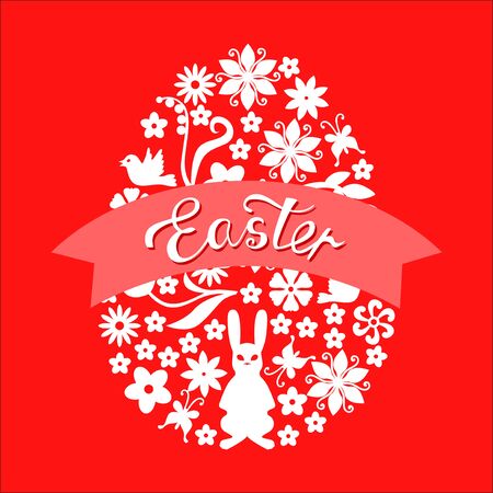 Vector illustrations of Easter card with greeting text on floral background in eggs formのイラスト素材