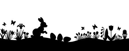 Vector illustrations of Easter spring silhouette landscape with hare, eggs, and flowers isolated on white backgroundのイラスト素材