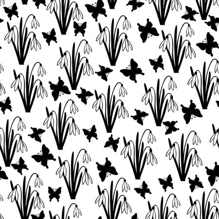 Vector illustrations of snowdrops spring flower and butterflies pattern seamless isolatedのイラスト素材