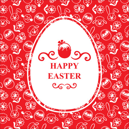 Vector illustrations of Easter cartoon ornament card on red background. Greeting Easter card oval shape of an egg. Easter background. Easter text.のイラスト素材