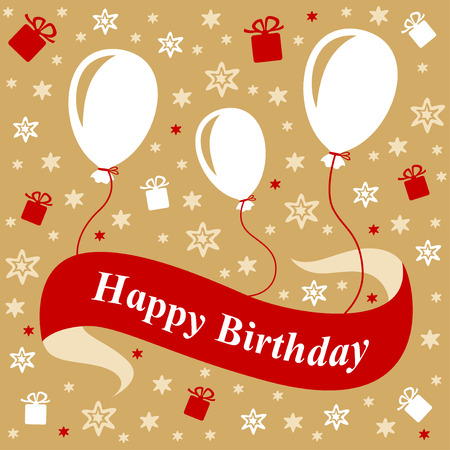 Vector illustrations of Birthday greeting card with ribbon and balloons on golden background. Birthday party background. Birthday placard, Birthday poster.のイラスト素材