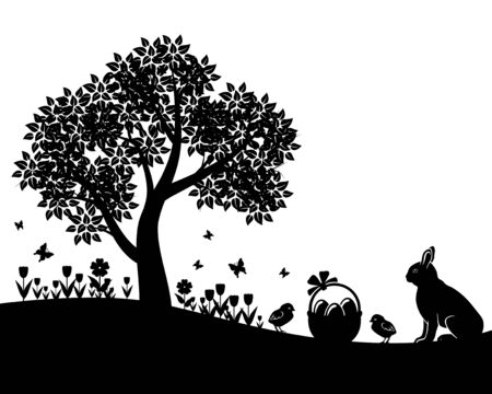 Vector illustrations of Easter silhouette landscape with hare, basket with eggs, chickens, flowers and tree isolated on white backgroundのイラスト素材